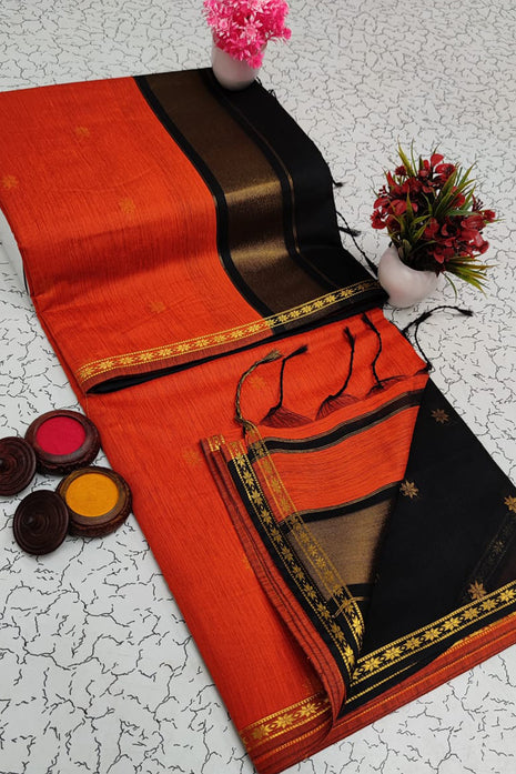 Luna Silk Cotton Sarees - LTS67 Deep Orange & Black