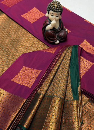 Kanchipuram Handloom Soft Silk Saree - LTS120 Dark Magenta & Green