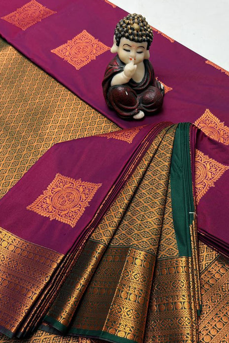 Kanchipuram Handloom Soft Silk Saree - LTS120 Dark Magenta & Green