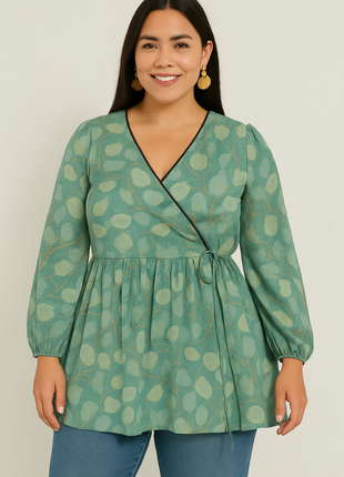 Luna Teal Leaf Print Flared Wrap Dress - LTC13