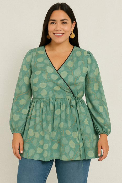 Luna Teal Leaf Print Flared Wrap Dress - LTC13