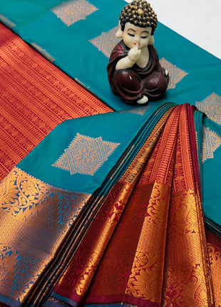 Kanchipuram Handloom Soft Silk Saree - LTS118 Peacock Blue & Maroon
