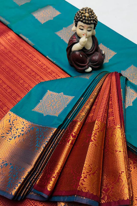 Kanchipuram Handloom Soft Silk Saree - LTS118 Peacock Blue & Maroon