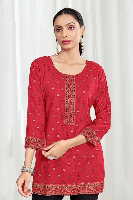 Heavy Rayon Mombay Fabric Multi Print - LTT08 Red