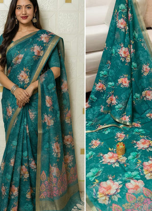 Handloom Floral Linen Soft Silk Cotton Saree - LTS112 Teal Green
