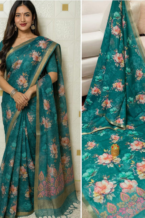 Handloom Floral Linen Soft Silk Cotton Saree - LTS112 Teal Green