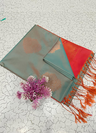 Fancy Soft Silk Bhutta Saree - Slate Grey & Crimson Red