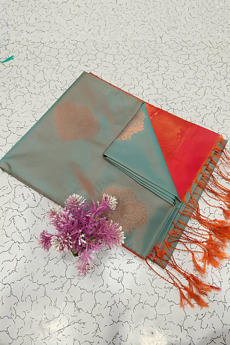 Fancy Soft Silk Bhutta Saree - Slate Grey & Crimson Red