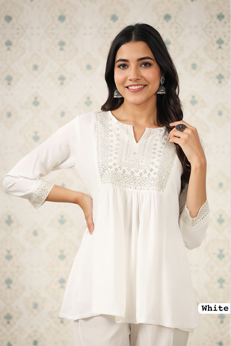 Trending Short Length Kurti with Embroidery Work - LTT27 White