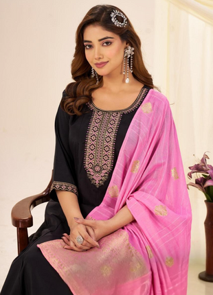 Elegant Roman Silk Suit with Jacquard Dupatta - LTK11 Navy Blue with Pink Dupatta