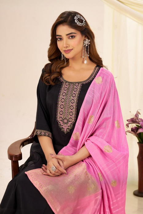 Elegant Roman Silk Suit with Jacquard Dupatta - LTK11 Navy Blue with Pink Dupatta