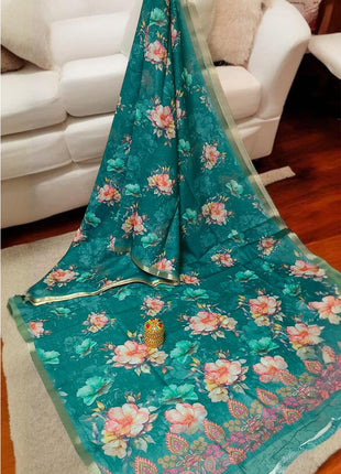 Handloom Floral Linen Soft Silk Cotton Saree - LTS112 Teal Green