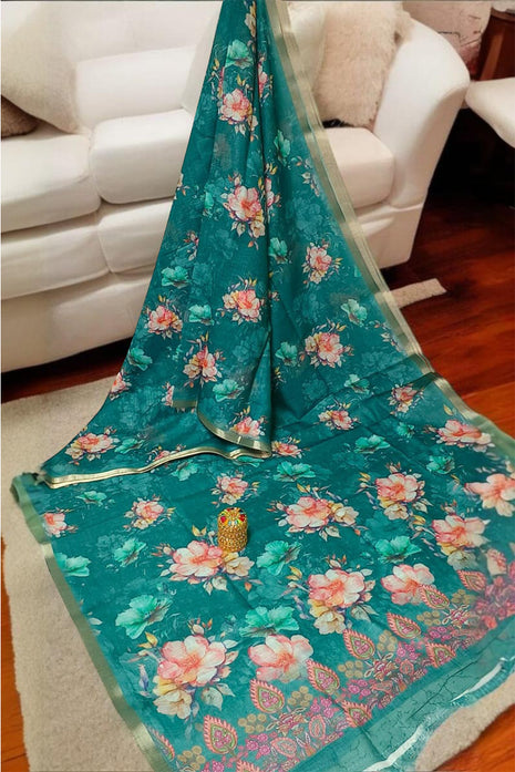 Handloom Floral Linen Soft Silk Cotton Saree - LTS112 Teal Green