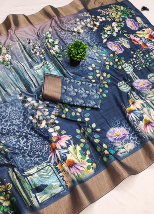 Apple Silk Sarees - Navy Blue with multicolor floral print