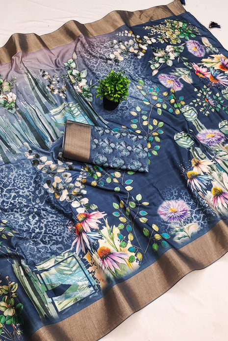 Apple Silk Sarees - Navy Blue with multicolor floral print
