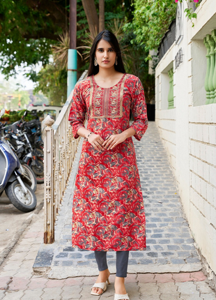 Embroidered Rayon Foil Print Kurti - LTT20 Red with Floral print