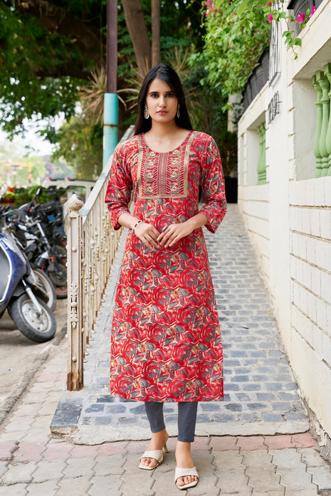 Embroidered Rayon Foil Print Kurti - LTT20 Red with Floral print