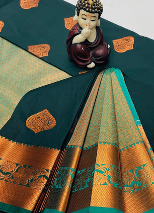 Kanchipuram Handloom Soft Silk Saree - LTS117 Dark Green & Teal Green