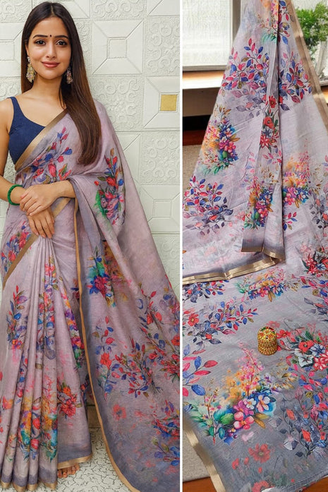 Handloom Floral Linen Soft Silk Cotton Saree - LTS111 Lavender Grey