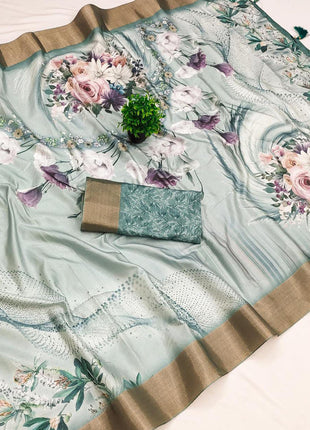 Apple Silk Sarees - Mint Green with floral design