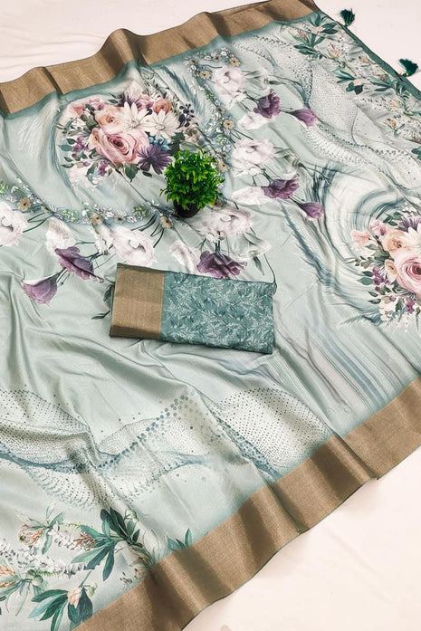 Apple Silk Sarees - Mint Green with floral design