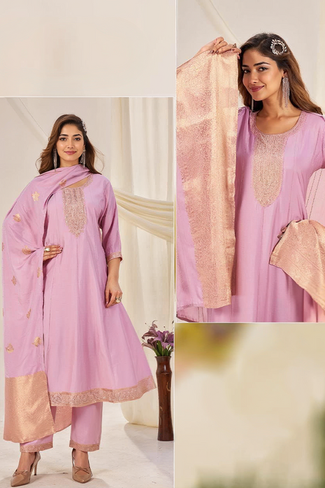 Elegant Roman Silk Suit with Jacquard Dupatta - LTK12 Pink