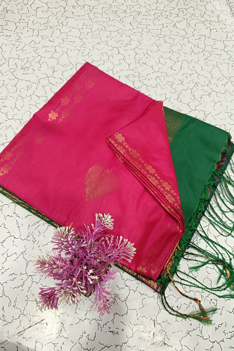 Fancy Soft Silk Bhutta Saree - Rani Pink & Bottle Green