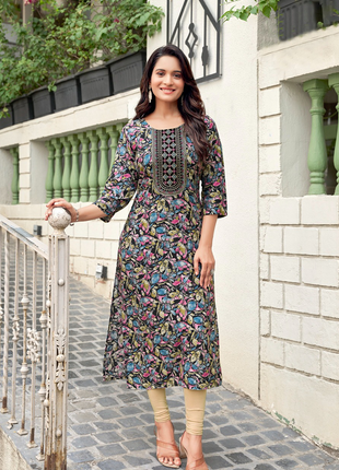 Embroidered Rayon Foil Print Kurti - LTT16 Black with Floral print in multi colors