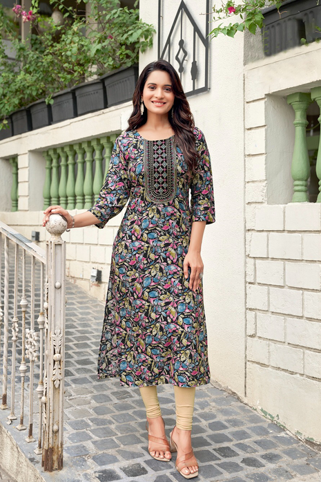 Embroidered Rayon Foil Print Kurti - LTT16 Black with Floral print in multi colors