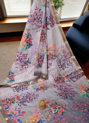 Handloom Floral Linen Soft Silk Cotton Saree - LTS111 Lavender Grey