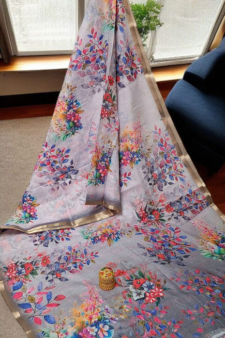 Handloom Floral Linen Soft Silk Cotton Saree - LTS111 Lavender Grey