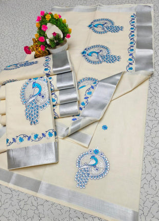 Kerala Silk Cotton Saree - LTS84 Silver border + Paisley motifs (Blue tone)