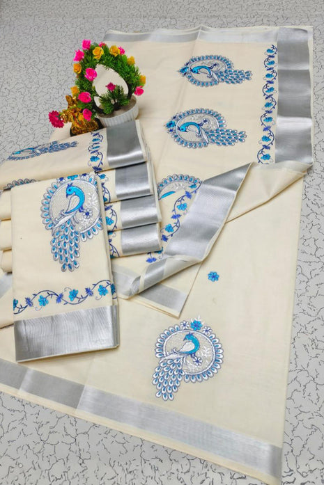 Kerala Silk Cotton Saree - LTS84 Silver border + Paisley motifs (Blue tone)