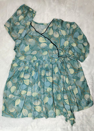 Luna Teal Leaf Print Flared Wrap Dress