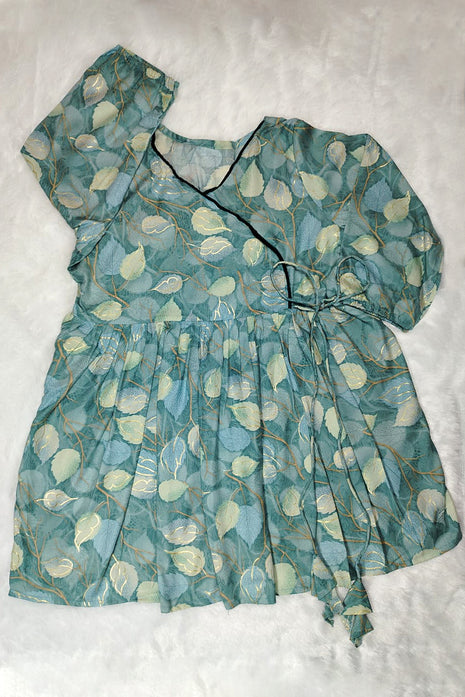 Luna Teal Leaf Print Flared Wrap Dress