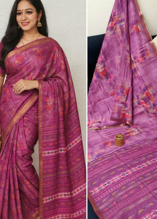 Handloom Floral Linen Soft Silk Cotton Saree  - LTS110 Magenta Pink
