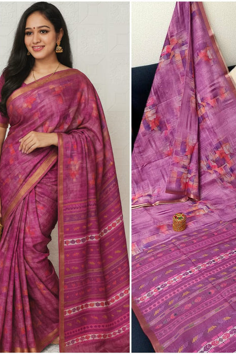 Handloom Floral Linen Soft Silk Cotton Saree  - LTS110 Magenta Pink