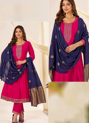 Elegant Roman Silk Suit with Jacquard Dupatta - LTK08 Pink with Blue Dupatta