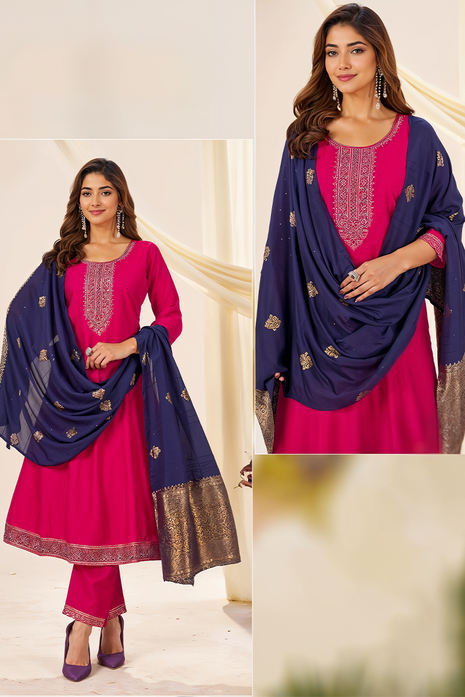 Elegant Roman Silk Suit with Jacquard Dupatta - LTK08 Pink with Blue Dupatta