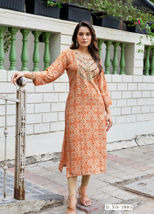 Embroidered Rayon Foil Print Kurti - LTT18 Orange with Floral print