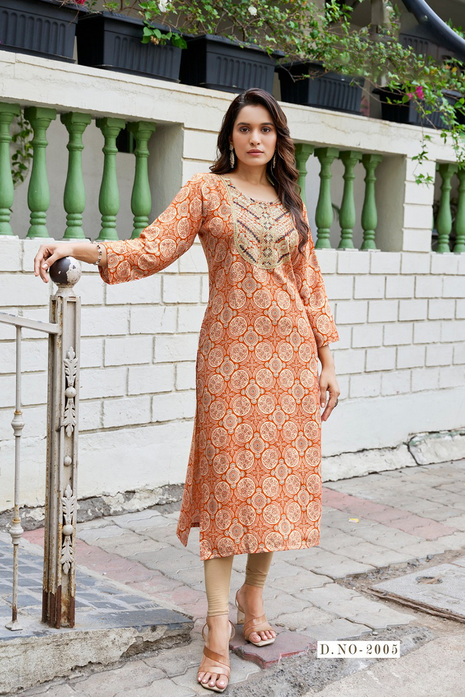 Embroidered Rayon Foil Print Kurti - LTT18 Orange with Floral print