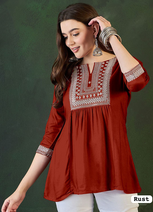 Trending Short Length Kurti with Embroidery Work - LTT25 Rust