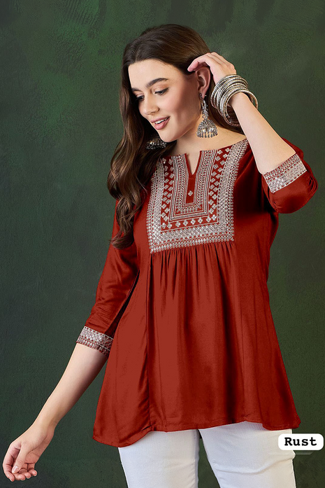 Trending Short Length Kurti with Embroidery Work - LTT25 Rust