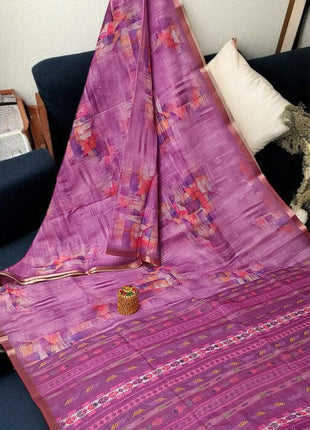 Handloom Floral Linen Soft Silk Cotton Saree  - LTS110 Magenta Pink