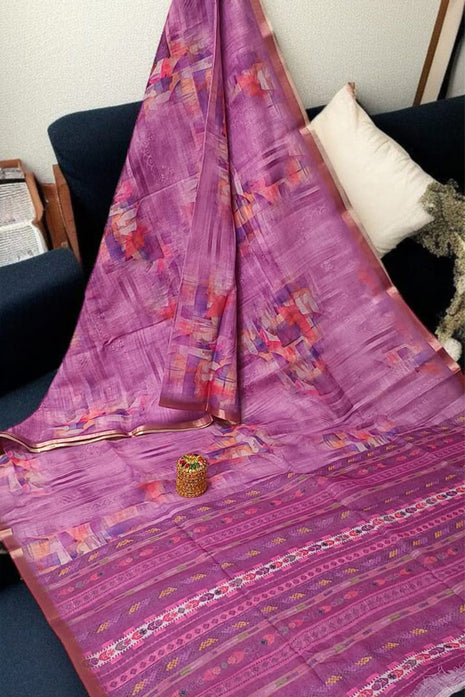 Handloom Floral Linen Soft Silk Cotton Saree  - LTS110 Magenta Pink