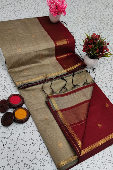 Luna Silk Cotton Sarees - LTS58 Light Grey & Maroon