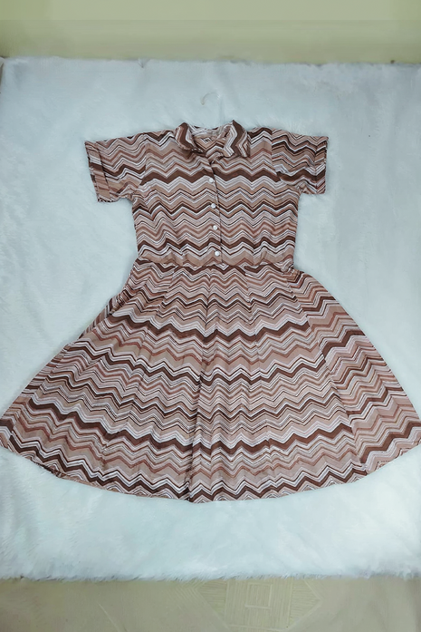 Luna Brown Zig-Zag Print Button-Down Long Dress