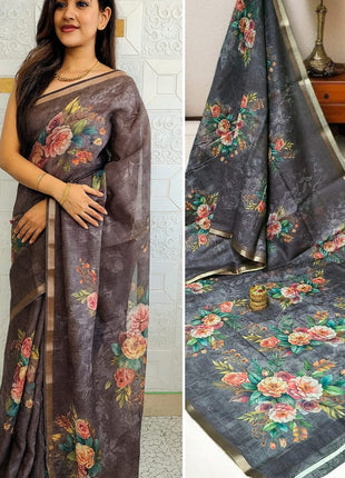 Handloom Floral Linen Soft Silk Cotton Saree - LTS109 Charcoal Grey