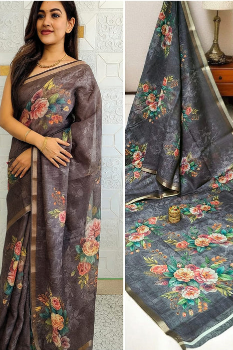 Handloom Floral Linen Soft Silk Cotton Saree - LTS109 Charcoal Grey
