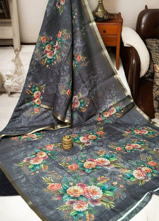 Handloom Floral Linen Soft Silk Cotton Saree - LTS109 Charcoal Grey
